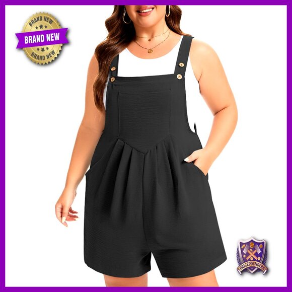 Plus Size Overalls Short Romper Adjustable Straps Pockets Summer Casual